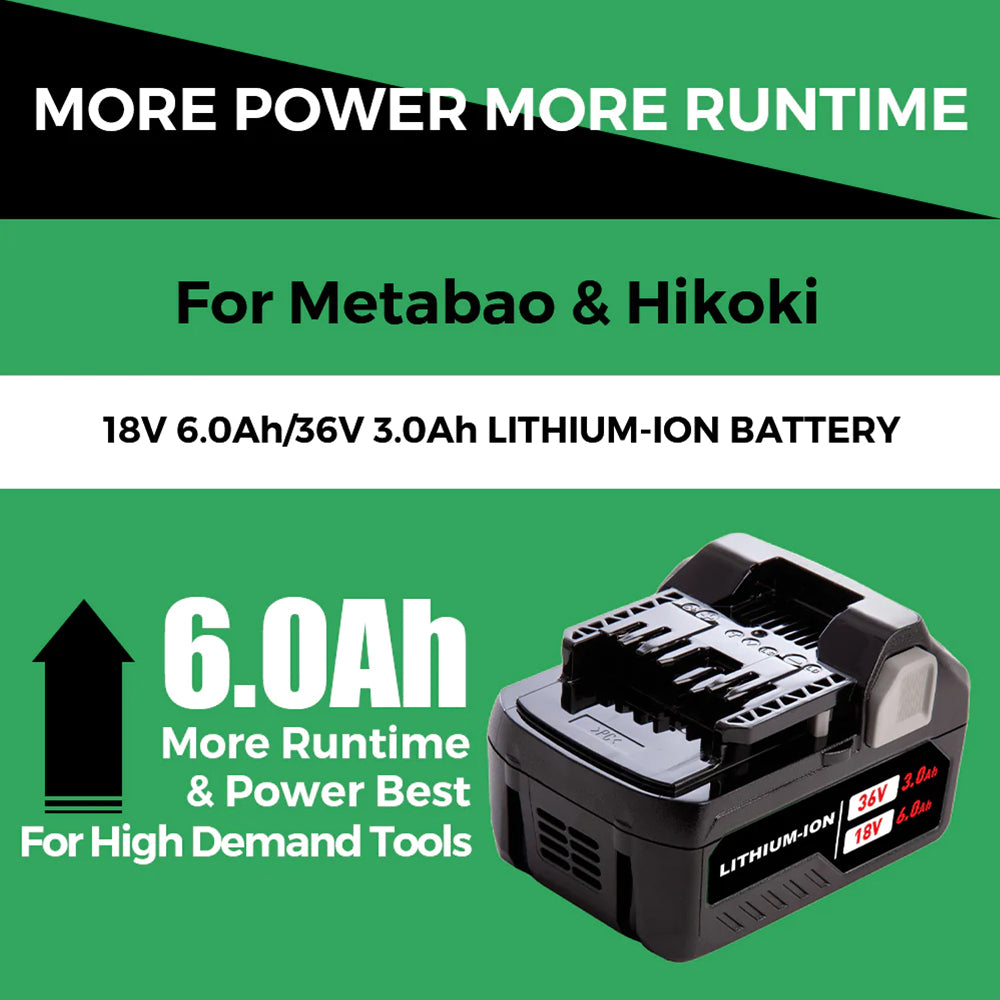 18V/36V 6.0Ah Lithium-ion Replacement Battery For Metabo HPT（Hitachi） Multivolt Battery / 371751M 372121M BSL36A18 BSL36B18 2 Pack