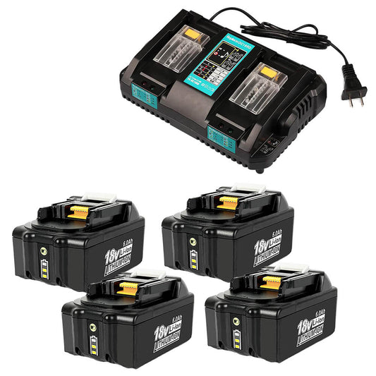 For Makita 18V 6.0Ah Lithium Battery Replacement With LED | BL1860B LXT400 4 Pack With DC18RD Dual Port Rapid Charger Replcement For BL1860
