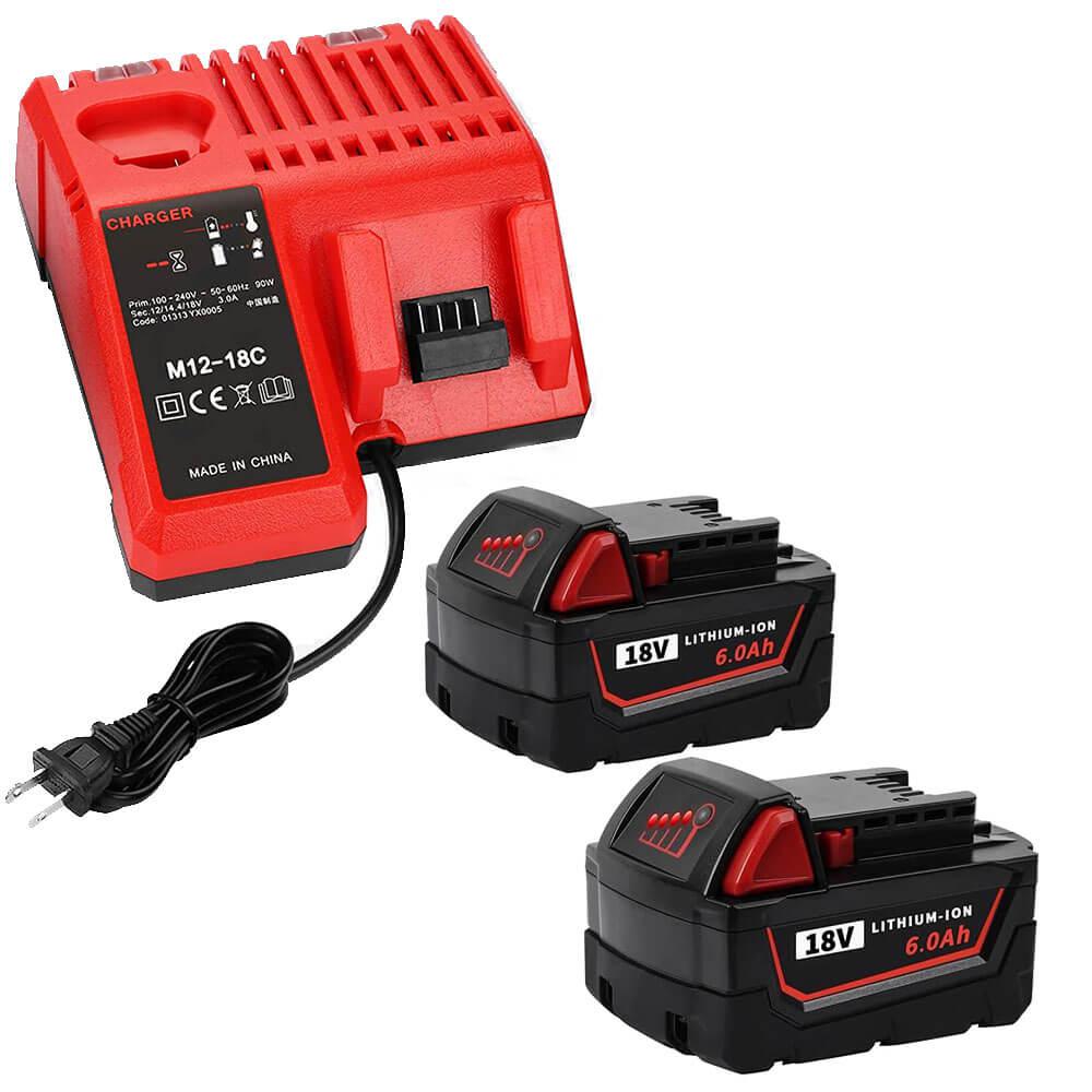 For Milwaukee 18V XC Lithium Battery 2 Pack With Rapid Charger For Milwaukee M18 & M12 Battery